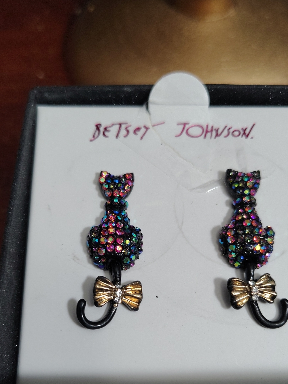 Betsey Johnson Multi-colored Rhinestone Kitty Cat Bow Stud Earrings